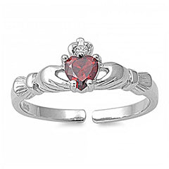 Sterling Silver Stylish Claddagh Toe Ring with Garnet Simulated Diamond HeartAnd Face Height 7 MM