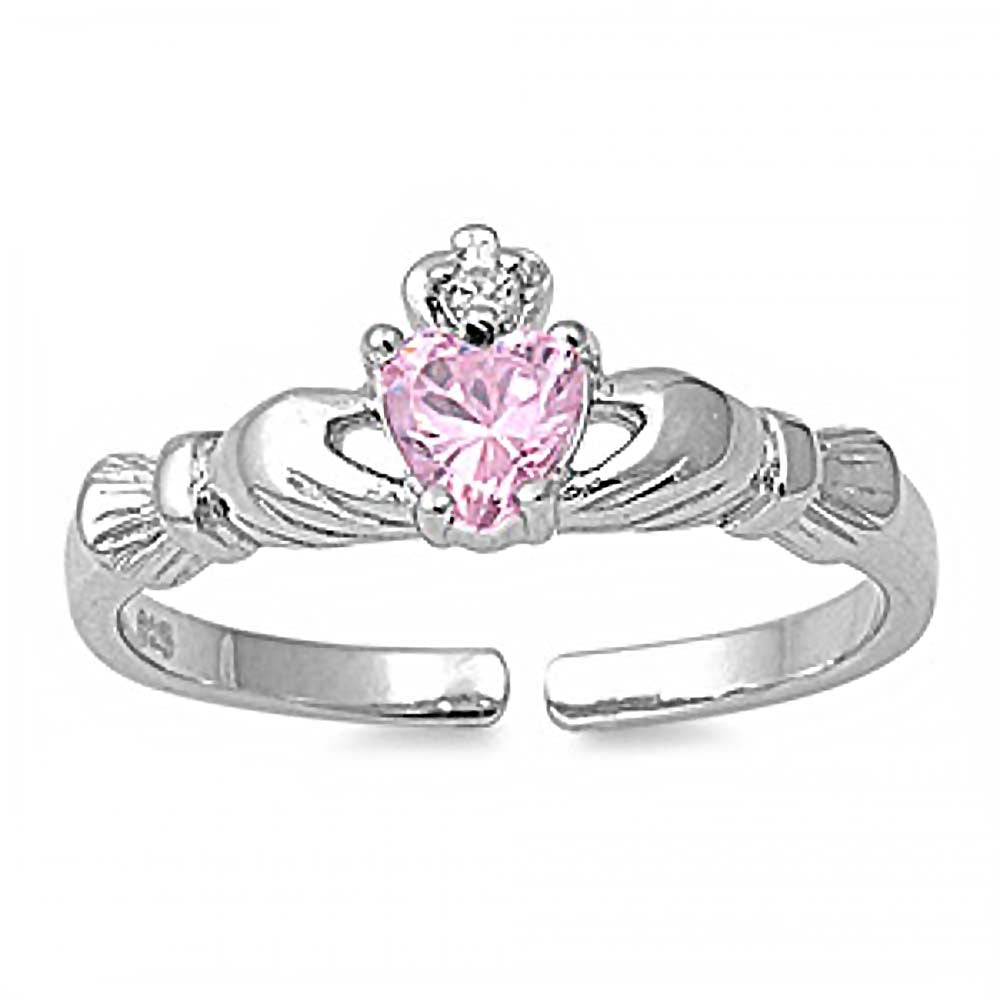 Sterling Silver Stylish Claddagh Toe Ring  with Heart Pink Cz and Round Clear CzAnd Face Height 7 MM