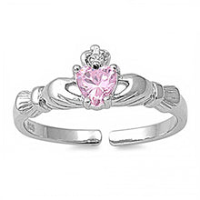 Load image into Gallery viewer, Sterling Silver Stylish Claddagh Toe Ring  with Heart Pink Cz and Round Clear CzAnd Face Height 7 MM