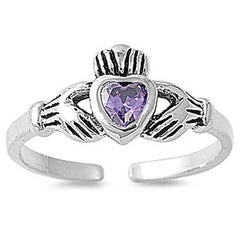 Sterling Silver Classy Claddagh Toe Ring with Amethyst Simulated Diamond HeartAnd Face Height 7 MM