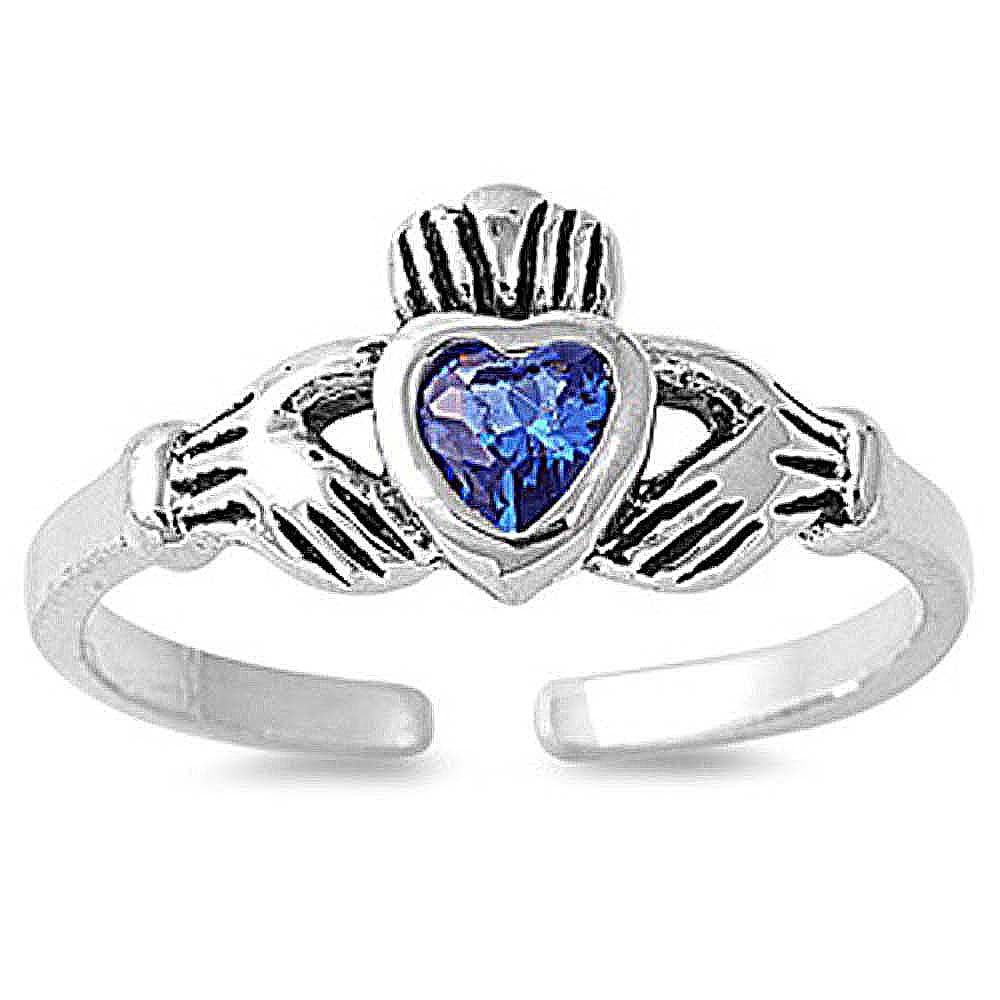 Sterling Silver Classy Claddagh Toe Ring with Blue Sapphire CZ  HeartAnd Face Height 7 MM