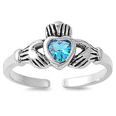 Sterling Silver Classy Claddagh Toe Ring with Blue Topaz Simulated Diamond HeartAnd Face Height 7 MM