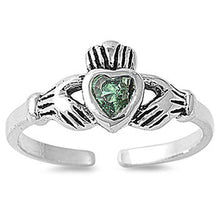 Load image into Gallery viewer, Sterling Silver Classy Claddagh Toe Ring with Emerald Simulated Diamond HeartAnd Face Height 7 MM