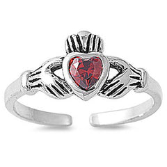 Sterling Silver Classy Claddagh Toe Ring with Garnet Simulated Diamond HeartAnd Face Height 7 MM