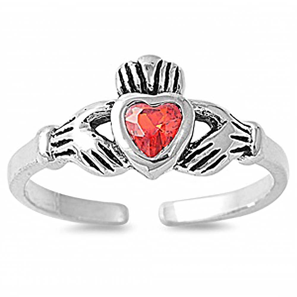 Sterling Silver Classy Claddagh Toe Ring with Red Ruby CZ HeartAnd Face Height 7 MM
