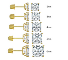 Load image into Gallery viewer, 14K Yellow Gold Princess Cut Cubic Zirconia Stud Earring Set on High Quality Prong SettingAnd Screw Back Post