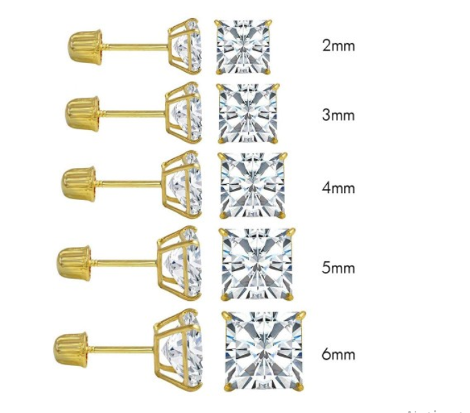 (PACK OF 6)14K Yellow Gold Princess Cut Cubic Zirconia Stud Earring Set on High Quality Prong SettingAnd Screw Back Post