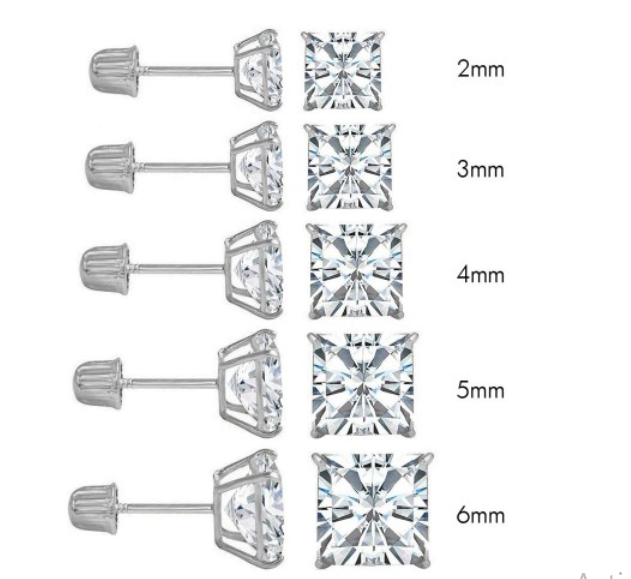 14K White Gold Princess Cut Cubic Zirconia Stud Earring Set on High Quality Prong SettingAnd Screw Back Post