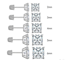 Load image into Gallery viewer, 14K White Gold Princess Cut Cubic Zirconia Stud Earring Set on High Quality Prong SettingAnd Screw Back Post