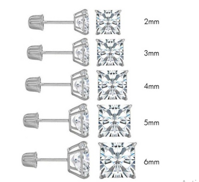 (PACK OF 6)14K White Gold Princess Cut Cubic Zirconia Stud Earring Set on High Quality Prong SettingAnd Screw Back Post