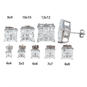 Sterling Silver Princess Invisible Cut Cubic Zirconia Stud Earring. Set on High Quality Prong Setting with Rhodium Finish & Friction Style Post