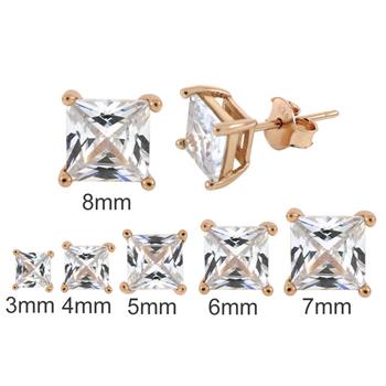 Sterling Silver Casting Rose Gold Plated Solid Square Cubic Zirconia Stud Earring
